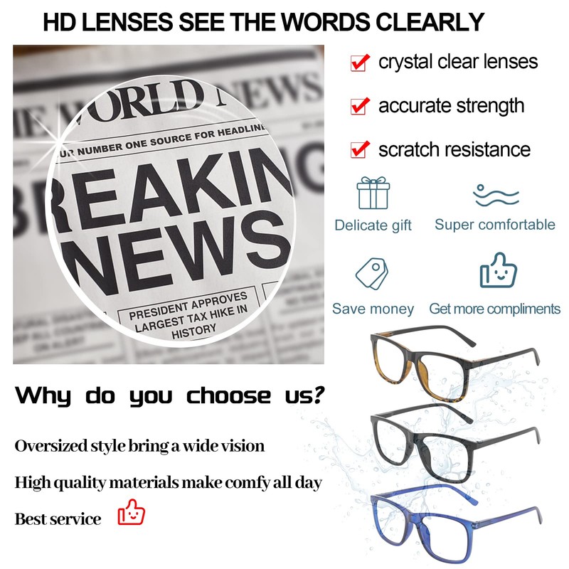 AEZUNI Extra Large Reading Glasses 4.00 Oversized Square Men Readers