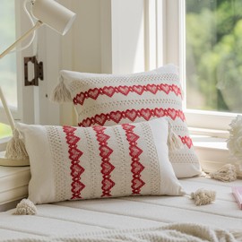 vctops Boho Cotton Linen Decorative Throw Pillow Covers with Tassels 12x20 Inch Cute Red Heart Pillow Cover Macrame Woven Cushion Case for Couch Bed Kid Girls Women Valentine's Day (Red Heart,12"x20")