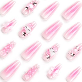 RTKHFZE Press on Nails Long,Square Fake Nails Nude Pink Full Cover False Nails with Cute Three-Dimensional Water Ripples and Bow Designs Acrylic Nails 24Pcs Nails Press ons for Women Manicure