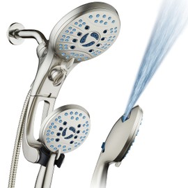 AquaCare As-Seen-On-TV High Pressure Handheld/Rain 50-mode 3-way Shower Head Combo with Adjustable Arm - Anti-clog Nozzles, Tub & Pet Power Wash, 6 ft. Stainless Steel Hose, Nickel Finish