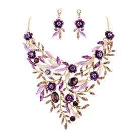 BriLove Wedding Bridal Jewelry Set for Women Crystal Flower Enamel Leaf Cluster Statement Necklace Dangle Earrings Purple Gold-Tone