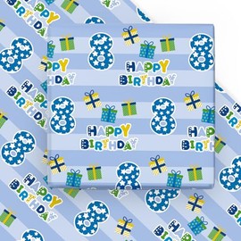 WRAPAHOLIC 8th Birthday Wrapping Paper Sheet - 6 Sheets Blue Happy Birthday with Gift Box Design Folded Flat for Birthday, Party, Baby Showers - 19.7 Inch X 27.5 Inch Per Sheet