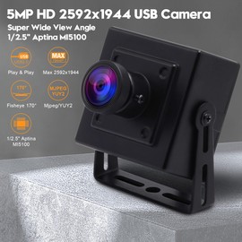 Svpro 5MP Mini USB Camera 2592x1944 HD Webcam Aptina MI5100 Sensor Fisheye Camera 170 Degree Lens Webcam with Bracket Stand for PC Computer Laptop Industrial
