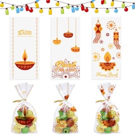120 Pieces Diwali Cellophane Bags with Twist Ties, Deepavali Candle Cello Treat Bags Indian Holiday Candle Bag Festival of Lights Treat Bags for Cookie Candy Goodies Wrapping Supplies