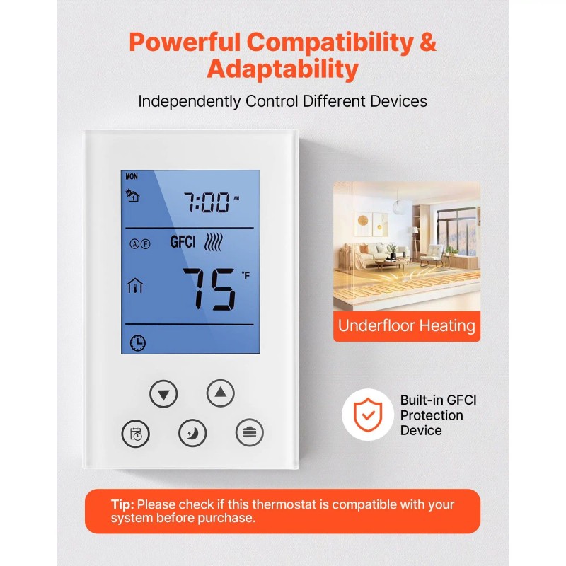 7-Day Programmable Thermostat with Built-in GFCI Sensitivity Home Radiant Underfloor
