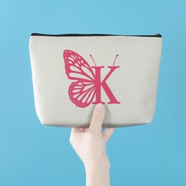 AOZHUO Initial Makeup Bags for Women Lined Monogram Cosmetic Bag Birthday Gifts for Women Girls Bridesmaid Best Friends Sisters, Travel Toiletry Bag, Pink Butterfly Letter K