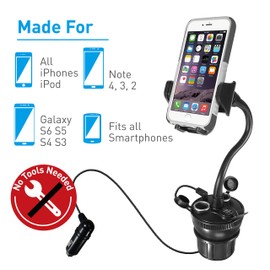 Macally MCUPPOWER 20 cm extralange einstellbare Auto-Halterung für Becherhalter mit 2 USB-Ladegeräten und 2 Zigarettenanzünderbuchsen zum Laden von Mobilgeräten