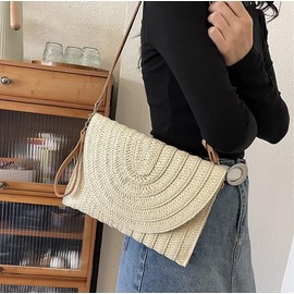 zhuanq Handmade Woven Straw Crossbody Bag for Women - Adjustable Summer Beach Clutch Purse with Shoulder Strap & Envelope Design (White)