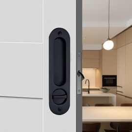 Sliding Pocket Door Lock,173mm Sliding Door Latch with Turn Knob for Interior Wooden Door,Invisible Recessed Door Handle with Key,Keyed Pocket Door Mortise Lock (Black)