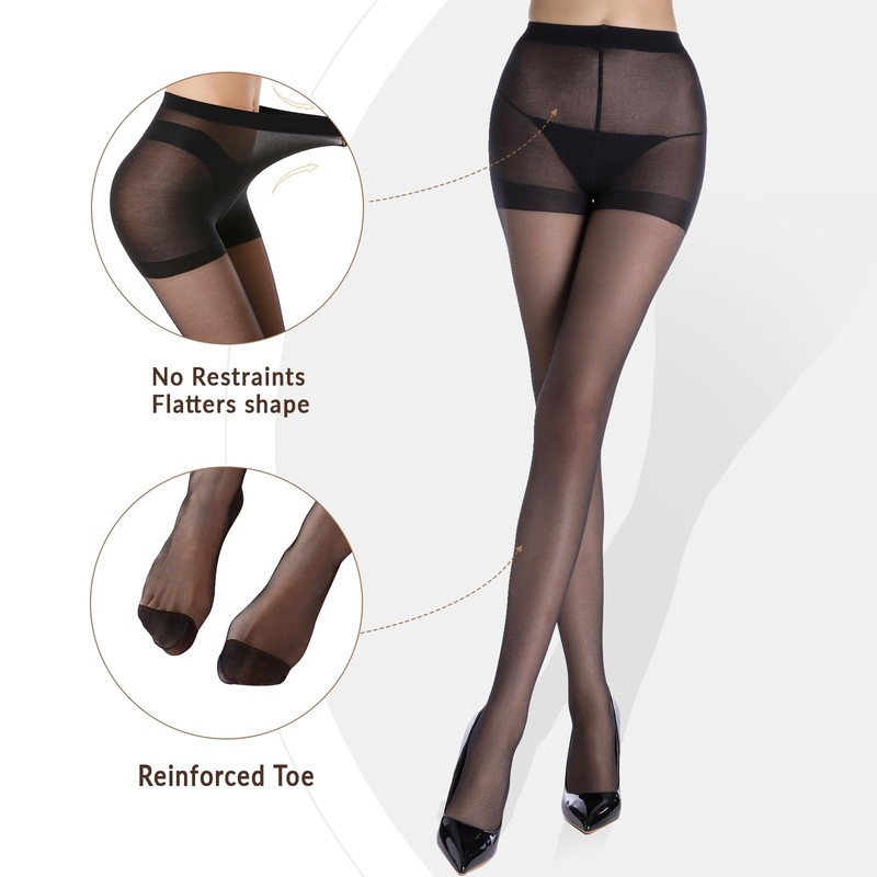 WAKUNA 20D Black Run-Resist Sheer Tights -2 Pairs with Reinforced