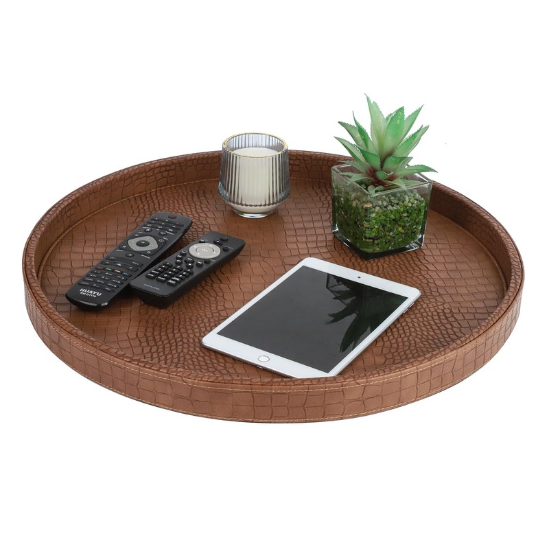 HofferRuffer Round Serving Tray 20'', Elegant Faux Leather Circle Ottoman