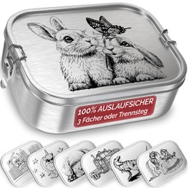 TAKWAY Children's Stainless Steel Lunch Box with Compartments, 800 ml, Leakproof Bento Box, Adjustable, Snack Box, Lunch Box, Nursery, School (Hare, 3 Compartments)