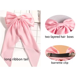 Furling Pompoms Pack of 2 Big Bow Hair Barrette Clips Soft Satin Silky Bowknot with long Tail French Barrette Hair Clip Hair Scrunchie Cute Gifts for Women Girls Black Pink
