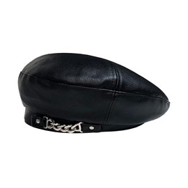 Teanea Fashion Soft PU Leather Beret Hat Beanie with Chain Fashion Military Berets for Women, Black