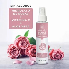 Tónico facial agua de rosas, aloe vera y vitamina C sin alcohol | apto todo tipo de piel