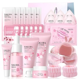 Sakura Sakura Face Care Set, 27 Pieces Skin Daily Care Gift Set for Women, Cleanser, Face Serum, Eye Cream, Lip Mask, Face Mask, Sakura Skin Care Set Teenager Girls Gifts