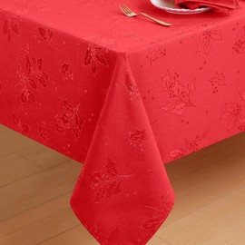 smiry Christmas Table Cloth Wipe Clean 140x180 cm, Xmas Wipeable Rectangle Polyester Tablecloth with Holy Leaves, Fabric Washable Table Cover for Dining Party and Festival, Red