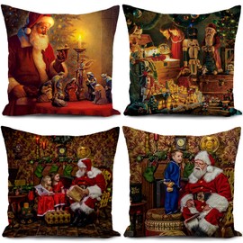 HUASHUZI Christmas Cushion Covers Xmas Christmas Decorations Throw Pillow Cover Brown Santa Claus Set of 4 Christmas Decor for Party Family Home Sofa Livingroom 18x18 Inch 45x45cm