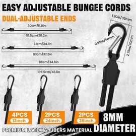 MILYARD 8 Pcs Adjustable Bungee Cord with Hooks Assorted Sizes, 12" 24" 36" Heavy Duty Outdoor Carabiner Bungee Cord with Dual Adjustable Ends for Cargo Camping Bike Racks Tents (Black)