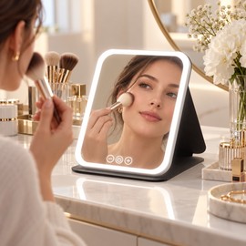 LED Dimmable Makeup Mirror with 3 Color Light Modes, Adjustable Brightness, USB Charging Foldable Tabletop Vanity Mirror for Travel & Home