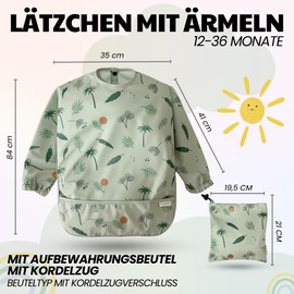 Lautoki Bib with Sleeves + Waterproof Pocket | 12-36 Months | BPA Free | Bib with Crumb Tray | Kangaroo Pocket and Elastic Cuffs | Baby LED Weaning | Baby Bib, Green