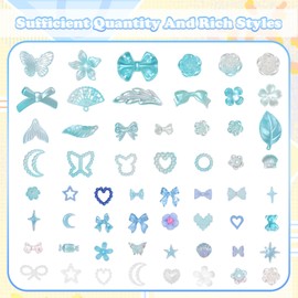 350 Pcs Junk Case Charms Blue 3D Resin ABS Rose Flower Bows Butterfly Charm with Bows Moon Heart Pearls Fun Beads Flatback Resin Charms for Craft DIY
