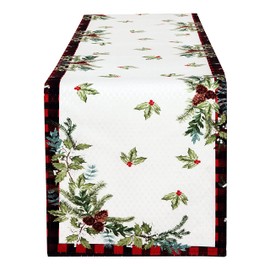 Lintex Aspen Red Black Plaid and Garland Bordered Christmas Fabric Table Runner, Cottage Check Bordered Xmas and Holiday Print 70 Inch Long Table Runner