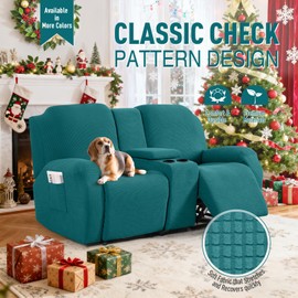 TAOCOCO Loveseat Recliner Cover with Middle Console, Stretch Loveseat Cover for 2 Seat Recliner Couch, Jacquard Reclining Sofa Covers Loveseat Slipcover Furniture Protector, Peacock Blue