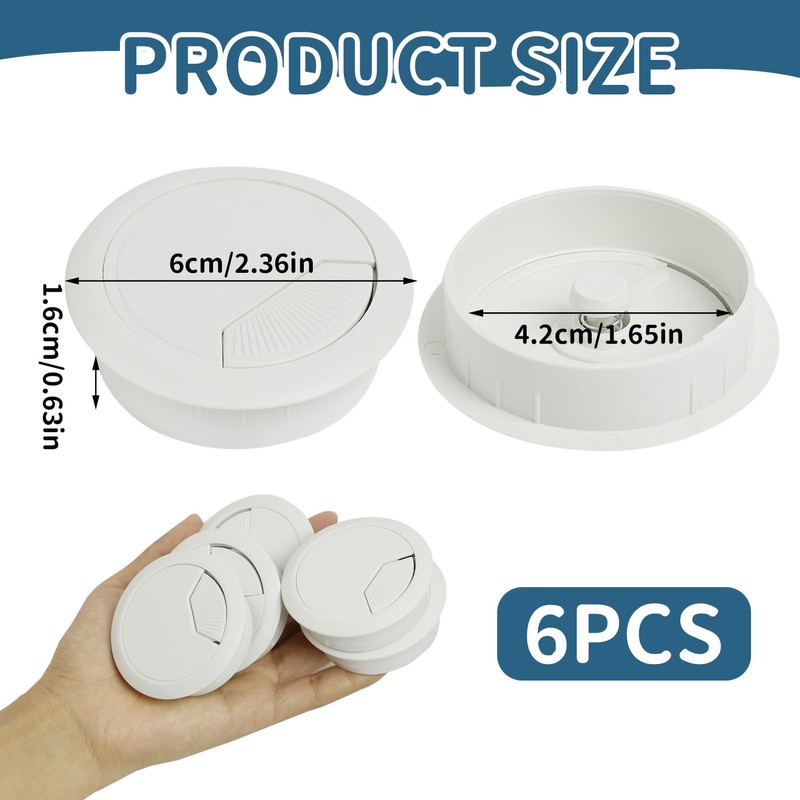 Pack of 6 White Cable Grommets for Desk, 50 mm