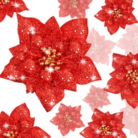 Pack of 24 Sparkle Poinsettia Artificial Christmas Flowers Poinsettia Decorations Wedding Christmas Tree Ornaments, 3/4/6 Inch (Red)