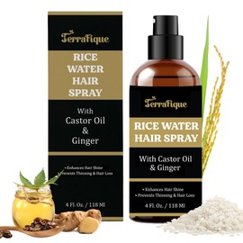 TERRAFIQUE Rice Water Hair Shine Spray for Women - Leave-In Conditioner with Castor & Ginger for Hair Growth, All Hair Types - 4 Fl Oz / 118 Ml (1 Pack)