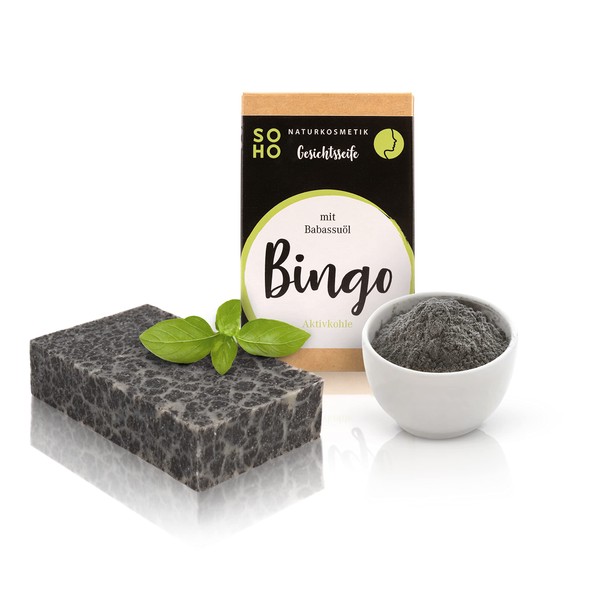 SOHO Naturkosmetik Bingo Facial Soap with Activated Carbon • Black Soap for Normal Skin • Vegan Facial Cleansing with Shea Butter
