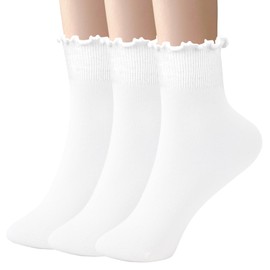 H HOME-MART 3 Pairs Womens Socks,Cute Ruffle Turn-Cuff Casual Ankle Frilly Socks White Crew Socks Women