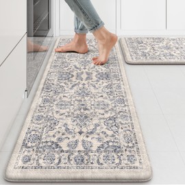 KIMODE Anti Fatigue Kitchen Mats for Floor, Boho Floral Kitchen Rugs 17"x47"+17"x29", Cushioned Mats for Kitchen Floor, Non Slip Kitchen Floor Mats, Sink, Laundry, Office, Desk Blue Multi
