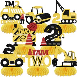 SJcysrilla 8PCS Construction 2nd Birthday Honeycomb Centerpieces Cheers to 2 Years Happy 2nd Birthday Party Decoration Supplies