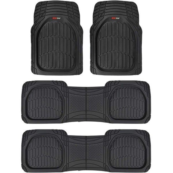 Motor Trend Original FlexTough Black Rubber Car Floor Mats for 3 Row Vehicles, Front & Rear 2nd Row Deep Dish All Weather Automotive Heavy Duty Trim to Fit, Automotive Liners for Cars Truck Van SUV