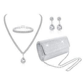Subiceto 4 Pcs Silver Clutch Purse Jewelry Necklace Set for Women Evening Rhinestone Purse Silver Accessories for Women Bride Wedding Jewelry