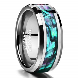 Vakki 8 mm Silver Tungsten Carbide Rings with White Mother of Pearl / Abalone Shell Men Women Fashion Jewellery Couple Ring Partner Ring Size 52 to 72 (16.6-22.9), Tungsten Carbide abalone shell