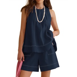 Rapbin Women Two Piece Short Set Drawstring Elastic Waist Pants Round Neck Tank Tops Comfy Sweatsuit Soft Sleepwear, Navy Blue, Medium