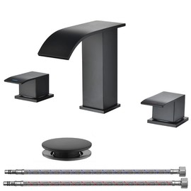 RANDOM Waterfall Bathroom Sink Faucet Matte Black Bathroom Faucet 2 Handles 3 Holes SUS 304 Stainless Steel Modern Vanity Faucet with Pop up Sink Drain Stopper and cUPC Water Supply Hoses.RD82707-2MB