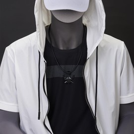 Mens Black Viking Pirate Skull Sword Pendant Necklace, Black Braided Leather Necklace(CA)