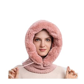 KGM Accessories New Thick Textured Faux Fur Trimmed Knitted Balaclava Hood Women Men Winter Hats (Pink)