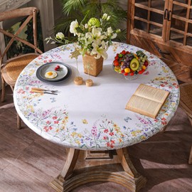 ARTABLE Round Table Cover Elastic Edges Fitted Tables Waterproof Vintage Flowers for Outdoor Camping Trip Patio Table(Flower, 48 Inch Round (30-43''Round Table))