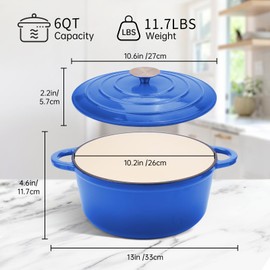 CookNexa 6 Quart Enameled Cast Iron Dutch Oven Pot with Lid and Silicone Accessories, Oven Safe up to 500°F or on Stovetop, Non-stick Dutch Oven for Bread Baking, Cooking, Dual Handles Cookware, Blue