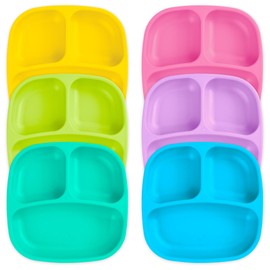 Re Play - Platos de 3 compartimentos fabricados en Estados Unidos, paquete de 4 platos divididos reutilizables para niños, aptos para lavaplatos y microondas, platos duraderos para niños pequeños, 7.4 x 7.4 x 1.25 pulgadas, sorbete