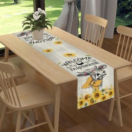 Camino de mesa de vaca de granja, rústico amarillo girasol floral, animales de búfalo, primavera, café, granja, centro de mesa para cocina familiar y sala de estar, decoración de mesa de fiesta, campo
