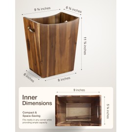 Tidita 2 Gallons Rectangular Wastebaskets - Acacia Wood Waste Basket with Handles - Small Trash Can for Bathroom - Brown Garbage Bin for Spa Bathroom Decorative, Kitchen Counter, Living Room (Walnut)