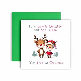 Huxters Festive Christmas Card for Daughter and Son In Law – Reindeer Cute Design – Christmas card for Santa and Xmas Traditions (Daughter and Son In Law)