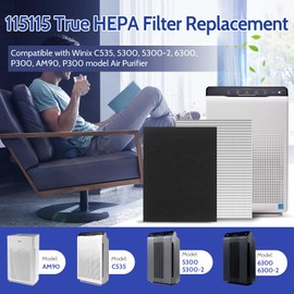 XBGG 115115 HEPA Replacement Filter A for Winix Plasmawave Air Purifier C535 AM90 5300 6300 5300-2 6300-2 9800, 2 True HEPA + 8 Pre-Filters