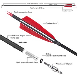 TOPARCHERY Premium 30" Carbon Hunting Arrows with Selected 4" Real Turkey Feathers Fletching and Removable Tips - 500 Spine Practice Target Arrows for Compound & Recurve Bow - 12Pcs